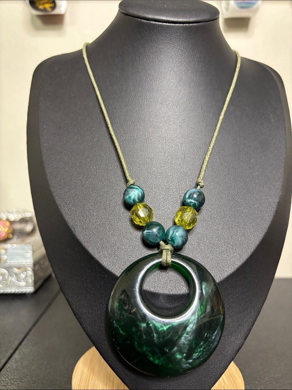 Green Marble Boho Resin Pendant Necklace with Beaded Accents